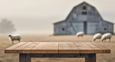 Empty Wooden Table Top with Blurred Sheep and Barn Background for Product Display photo