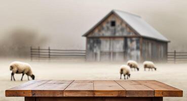 Empty Wooden Table Top with Blurred Sheep and Barn Background for Product Display. photo