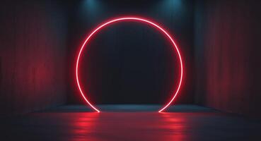 Abstract Red Neon Circle Illuminates Dark Open Space Background. photo