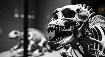 Fossilized beast skeleton model with open mouth on display photo