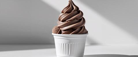 Delicious Chocolate Soft Serve Ice Cream in a Disposable Cup. photo