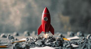 Toy rocket placed on rubble representing creativity and innovation in a startup environment photo