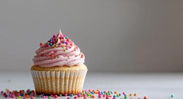A cupcake with pink frosting and sprinkles photo
