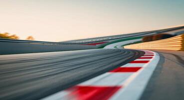 Race track curve highlighted with red and white markings during daylight. photo