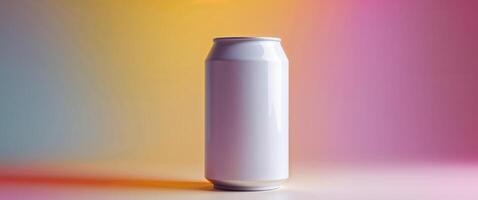 A white blank soda can on a colorful background photo