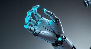 Robotic hand with glowing joints in a futuristic setting reflecting advanced technology and innovation photo