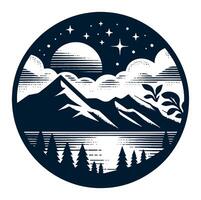 A circular design with mountains and trees vector