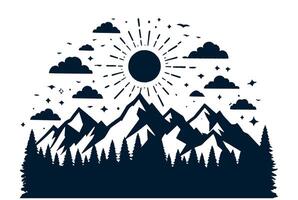 A silhouette of mountains and trees with sun and clouds vector