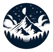 A mountain with trees and stars in the night sky with a background. vector