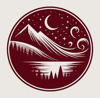 Mountains and lake with stars and moon in a circular design vector