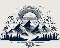Mountains and trees with sun and clouds vector