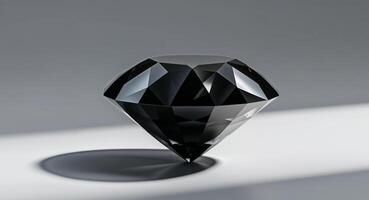 Polished black diamond with faceted cuts highlighting reflective surface elegance. photo