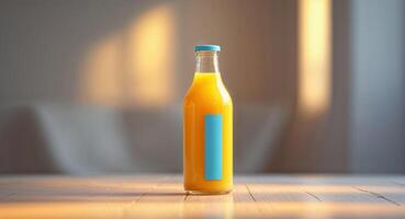 Bottle of orange juice is sitting on a table indoors with the background out of focus. photo