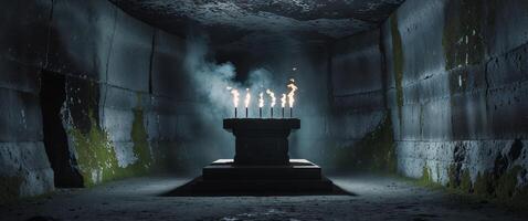 A lit candle is sitting on a stone altar photo
