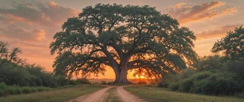 A large tree stands in the middle of a field at sunset photo
