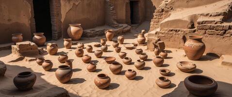 A group of clay pots sitting in the sand photo