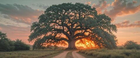 A large tree stands in the middle of a field at sunset photo