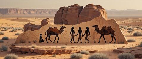 A group of people are standing in front of a rock with a camel photo