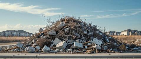 A pile of rubble sits in front of a house photo