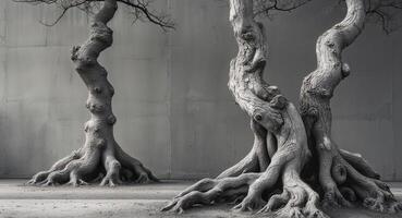 Two trees with their roots exposed in front of a wall photo