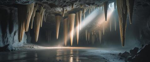 A cave with long icicles hanging from the ceiling photo