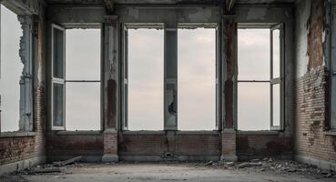 An empty room with windows and a broken wall photo