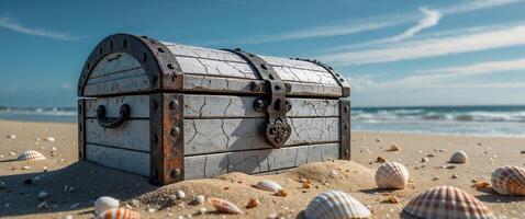 An old chest on the beach with shells around it photo