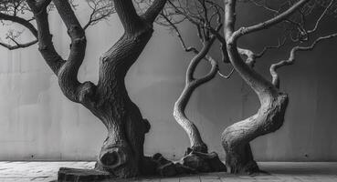Black and white photograph of trees in front of a wall photo