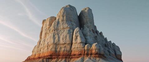 A large rock formation in the desert with a sky in the background photo