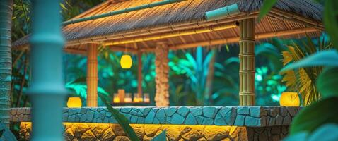 A tropical hut with a thatched roof and lights photo
