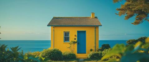 A small yellow house sits on the side of a hill overlooking the ocean photo
