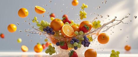 A bowl of fruit being splashed with water photo