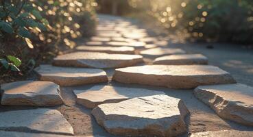 Stone path with sun shining through the trees photo