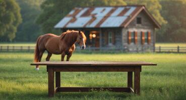 A horse standing in front of a table in a field photo