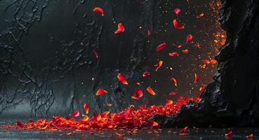Dramatic and evocative scene with fiery petals and embers falling onto a dark textured background. photo