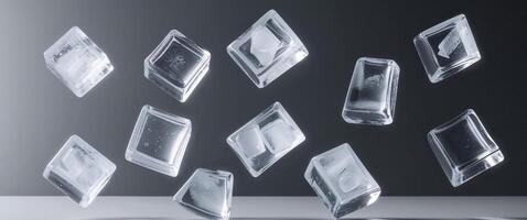 Nine ice cubes on black background various shapes and angles. photo