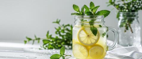 Refreshing Lemonade Drink in a Glass Jar with Mint and Herbal Touch - The Perfect Summer Beverage for Hydration and Enjoyment. photo