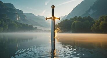 Epic Landscape with a Sword Emerged from Water Symbolizing Valor and Destiny in a Mystical Setting. photo