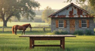 Empty Wooden Table with Blurred Farm Background featuring Horse and Cabin in a Field photo