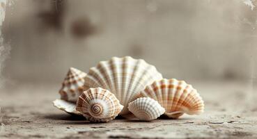 Shells on a wooden table with a grungy background photo