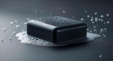 Black soap bar surrounded by white bubbles on a dark surface with a smooth texture and ample copy space for text placement. photo