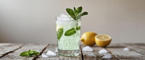 Refreshing lemonade with ice and mint on a wooden table. photo