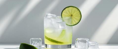 Refreshing citrus drink with ice and lime slice. photo