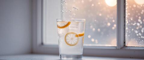 Refreshing Citrus Drink with Bubbles in a Glass by Window. photo