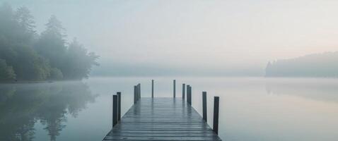 A dock on a foggy lake with trees in the background photo
