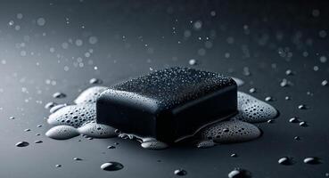 A black cube with water and bubbles on it photo