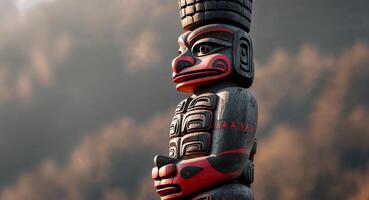 A totem pole with a red and black design photo