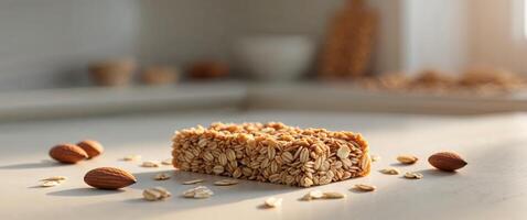 A piece of oatmeal with nuts on a table photo