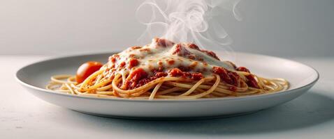 A plate of spaghetti with sauce and cheese photo
