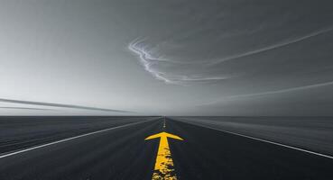 An empty road with a yellow arrow pointing to the sky photo